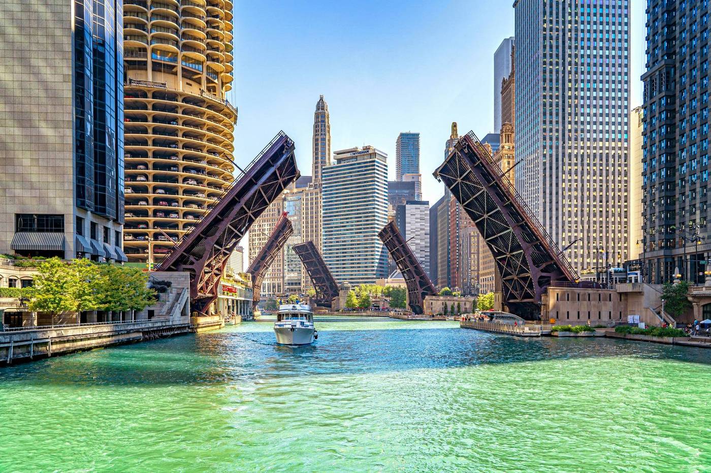 The Chicago River with raised bridges in summer